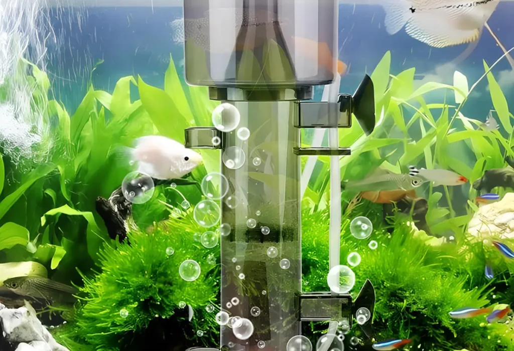 Um aquário grande com peixes e Skimmer de Proteína.