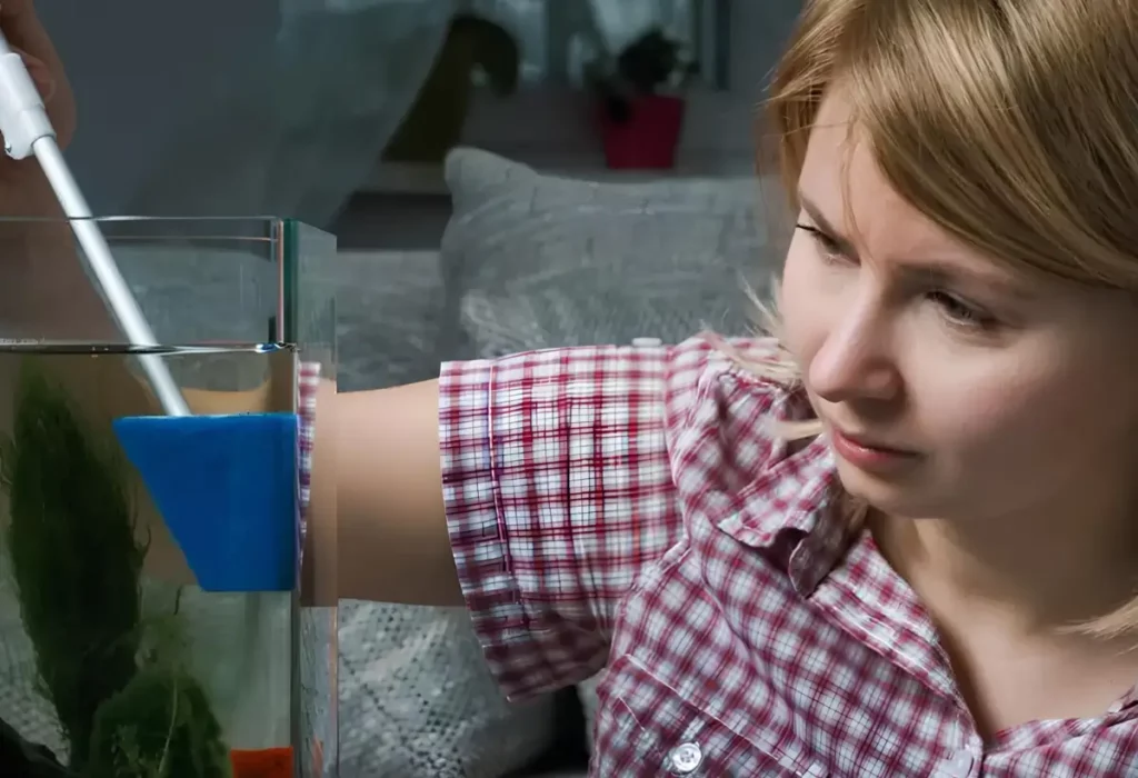 Uma menina limpando um aquário.