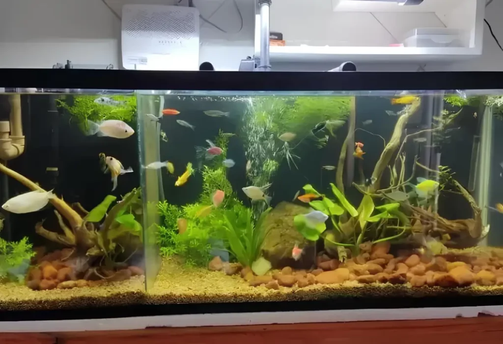 Um aquário grande limpo com peixes e plantas aquáticas.