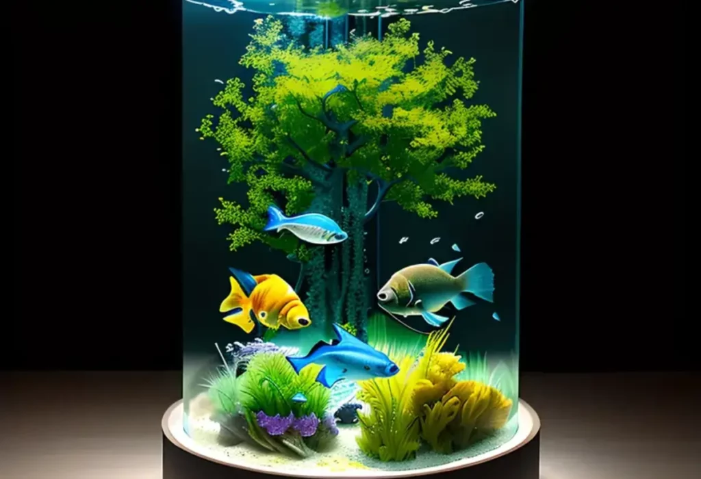 Um aquário tecnológico com peixe e planta aquática.