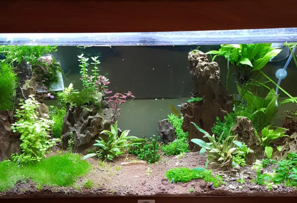 Um aquário grande com plantas MONOSOLENIUM TENERUM .