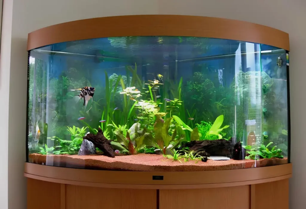 Um aquário com acabamento de madeiro com peixes e plantas aquáticas.