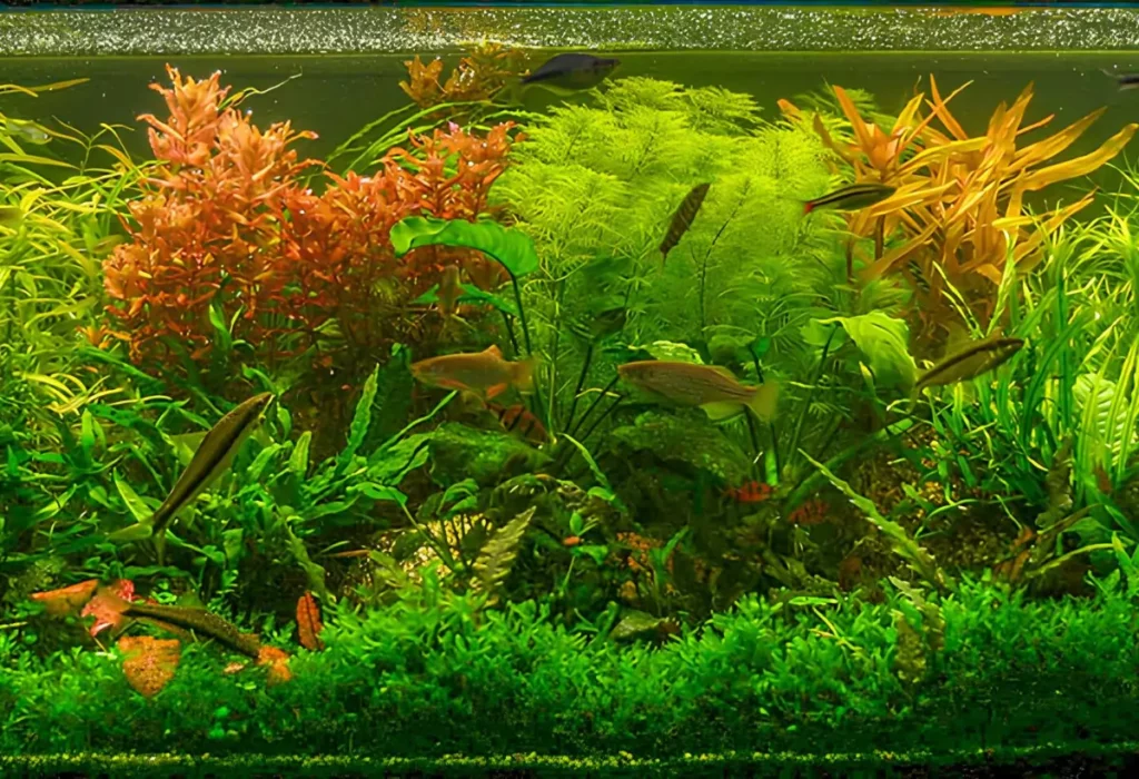 Um aquário com peixe pequeno e plantas MONOSOLENIUM TENERUM.